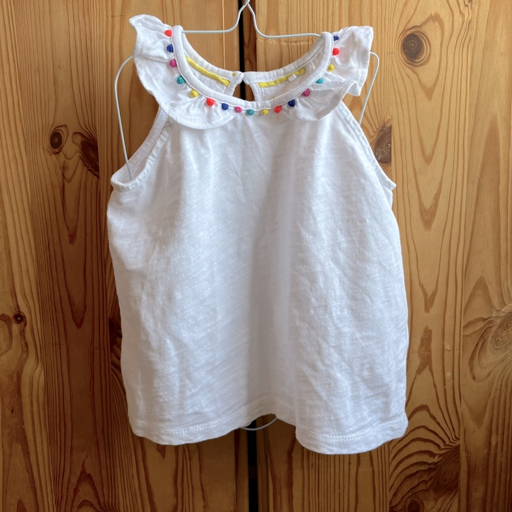 Mini Boden sleeveless shirt with colorful tassel detail, 2-3 T, white